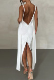 Vestidos de saia rodada com decote em V branco sexy street elegante liso sem costas