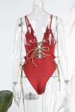 Red Sexy Solid Cross Straps Swimwears