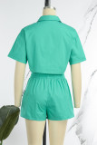 Cyan Casual Solid Patchwork Buckle Turndown Collar Short Sleeve Two Pieces