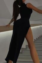 Vestido irregular de cuello alto con abertura alta y sólido sexy negro Vestidos