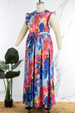 Bleu marine Casual Print Patchwork Stringy Selvedge O Neck Straight Plus Size Robes