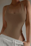 Kaki sexy sportkleding, eenvoud, effen skinny bodysuits met vierkante kraag