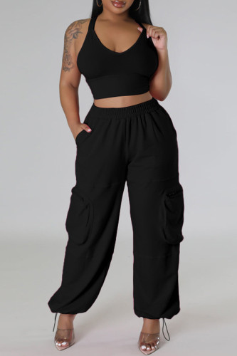 Black Sexy Casual Solid Backless Spaghetti Strap Sleeveless Two Pieces