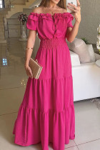 Розово-красное повседневное сплошное лоскутное платье с открытыми плечами и коротким рукавом Платья