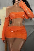 Orange Sexy Solid Backless Strapless Long Sleeve Two Pieces (With Sleeves)