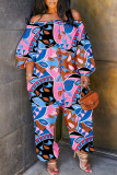 Blau-rosa, legerer, schulterfreier, normaler Basic-Jumpsuit mit Print