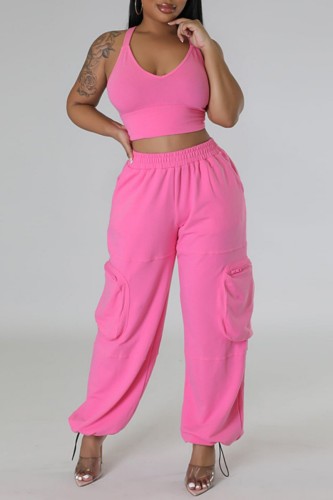 Pink Sexy Casual Solid Backless Spaghetti Strap Sleeveless Two Pieces