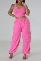 Roze Sexy Casual Solid Backless Spaghetti Band Mouwloos Twee Stukken