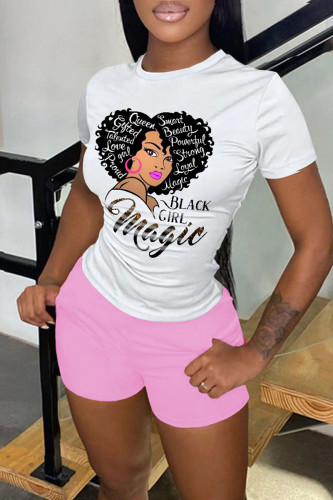Pink Casual Street Print Patchwork O Neck Short Sleeve Two Pieces