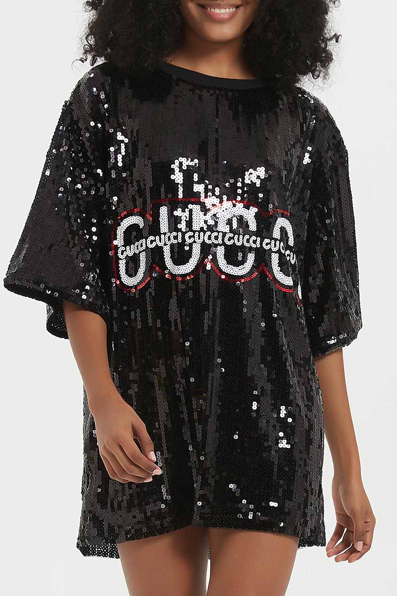 

Black Casual Letter Patchwork O Neck Straight Dresses