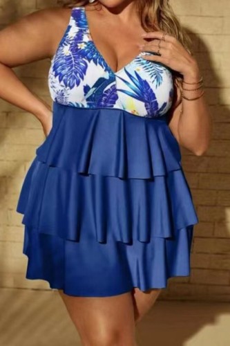 Blue Sexy Print Patchwork Backless Spaghetti Strap Plus Size Swimwear