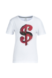 Navy Blue Street Daily Print Patchwork Letter O Neck T-Shirts