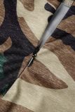 Armeegrün, sexy Street-Print, Camouflage-Print, Patchwork, Schlitz, Spaghettiträger, ärmellos, zweiteilig