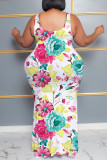 Rosafarbene, lässig bedruckte, Patchwork-Kleider mit U-Ausschnitt in Übergröße