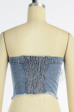 Blue Sexy Casual Solid Backless Strapless Sleeveless Skinny Denim