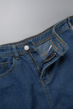 Saia jeans cintura alta assimétrica reta azul claro street patchwork