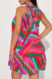 Lichtgroen casual print patchwork vouw O-hals A-lijn jurken