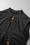 Черные сексуальные твердые лоскутные металлические аксессуары украшения асимметричные без рукавов две части