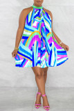 Lichtgroen casual print patchwork vouw O-hals A-lijn jurken