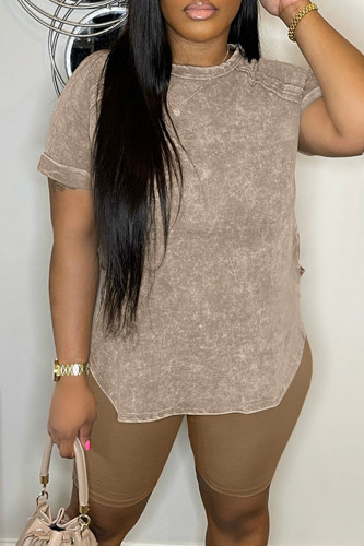 Dark Gray Casual Print Patchwork O Neck Short Sleeve Two Pieces