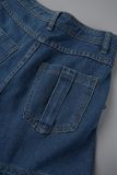 Deep Blue Street Solid Patchwork High Waist Asymmetrical Hem Denim Skort With Pockets