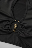Zwart Sexy Effen Patchwork Metalen Accessoires Decoratie Asymmetrisch Mouwloos Tweedelig
