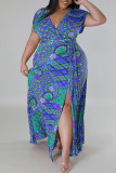 Azul dulce estampado vendaje patchwork cuello en V recto vestidos de talla grande