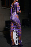 Фиолетовые сексуальные однотонные выдолбленные лоскутные платья с круглым вырезом и юбкой в ​​один шаг