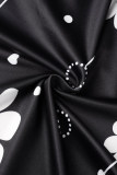 Черные повседневные платья трапециевидной формы в стиле пэчворк с принтом и круглым вырезом