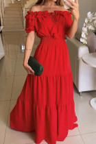 Rood casual effen patchwork off-shoulder jurk met korte mouwen