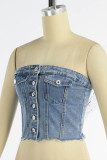 Blue Sexy Casual Solid Backless Strapless Sleeveless Skinny Denim