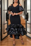 ブラック セクシー フォーマル ソリッド パッチワーク V ネック イブニング ドレス ドレス