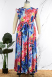 Färg Casual Print Patchwork Stringy Selvedge O-hals Rak Plus Size klänningar