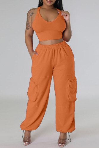 Orange Sexy Casual Solid Backless Spaghetti Strap Sleeveless Two Pieces