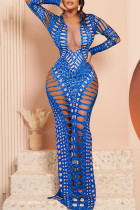 Синий сексуальный сплошной выдолбленный лоскутное горячее сверло с круглым вырезом платья с юбкой в ​​один шаг