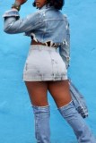 Голубые повседневные однотонные узкие джинсовые юбки с высокой талией в стиле пэчворк