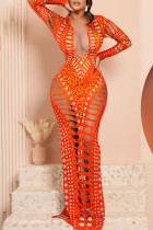 Оранжевые сексуальные сплошные выдолбленные лоскутные платья с круглым вырезом и юбкой в ​​один шаг