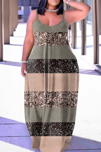 Dark Khaki Sexy Casual Print Backless Spaghetti Strap Long Dress Dresses