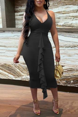 Black Sexy Solid Patchwork Backless V Neck Sling Dress Dresses