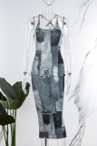 ダークブルーのセクシーなプリントパッチワークバックレススパゲッティストラップペンシルスカートドレス