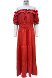 Розово-красное повседневное сплошное лоскутное платье с открытыми плечами и коротким рукавом Платья