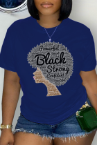 T-shirt con scollo O lettera patchwork con stampa vintage blu navy Street