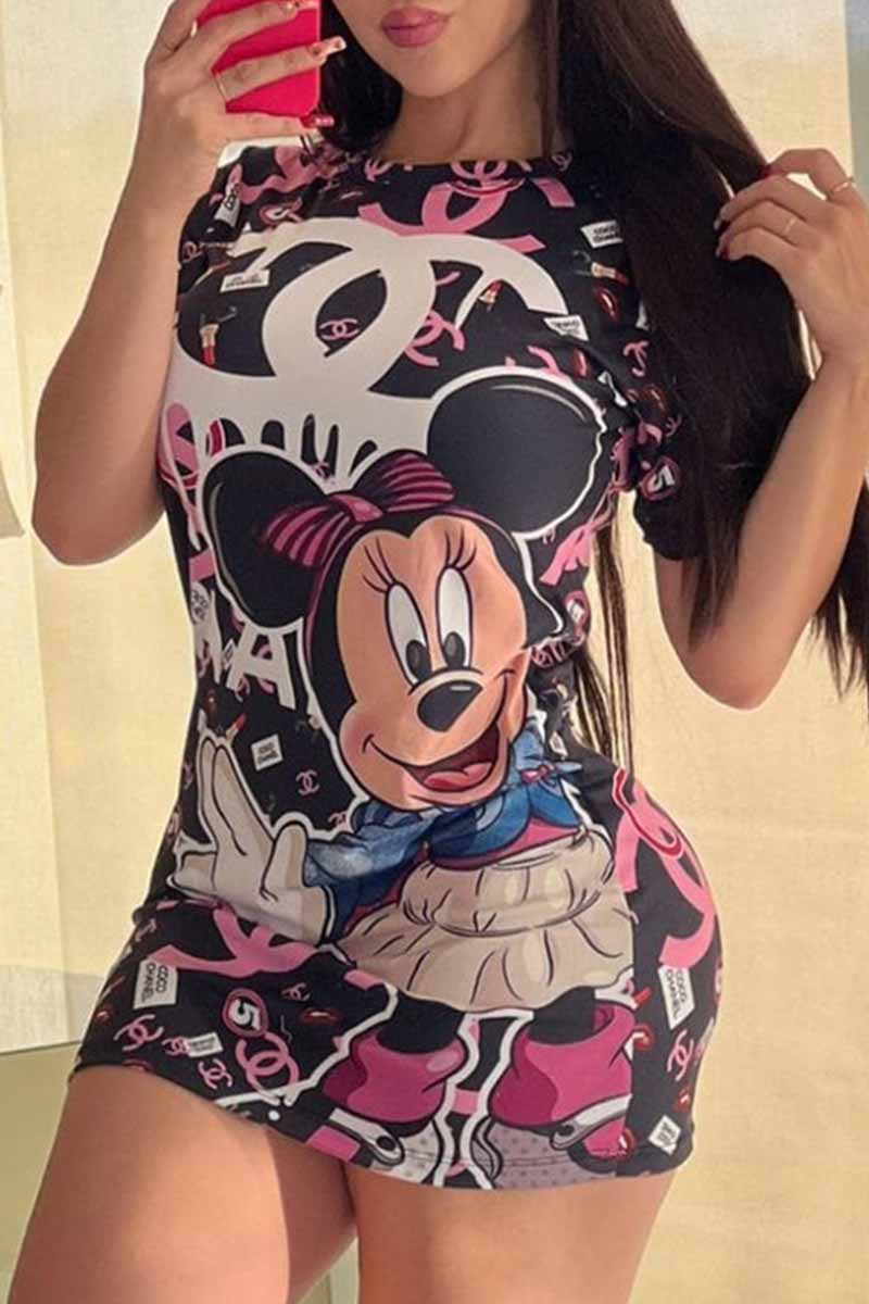 

Black Pink Casual Character Print Letter O Neck A Line Dresses
