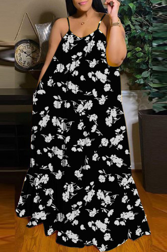 Black Sexy Casual Print Backless Spaghetti Strap Long Dress Dresses