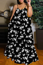 Черное сексуальное повседневное длинное платье с вырезом на спине и бретельками с принтом Платья