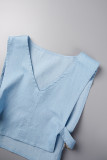 Blusas casuais lisas azuis patchwork com decote em V