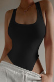 Black Sexy Sportswear Simplicity Solid Square Collar Skinny Bodysuits