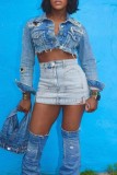Baby Blue Casual Solid Patchwork High Waist Skinny Denim Skirts