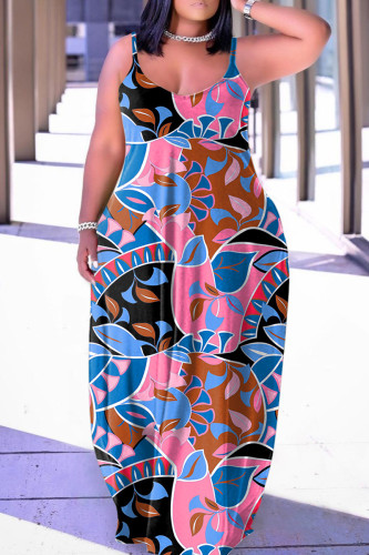 Blue Pink Sexy Casual Print Backless Spaghetti Strap Long Dress Dresses