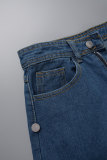 Saia jeans cintura alta assimétrica reta azul claro street patchwork